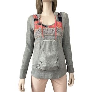 Vintage Y2K Free People Boho Hoodie Embroidery Grey Crochet Patchwork Festival